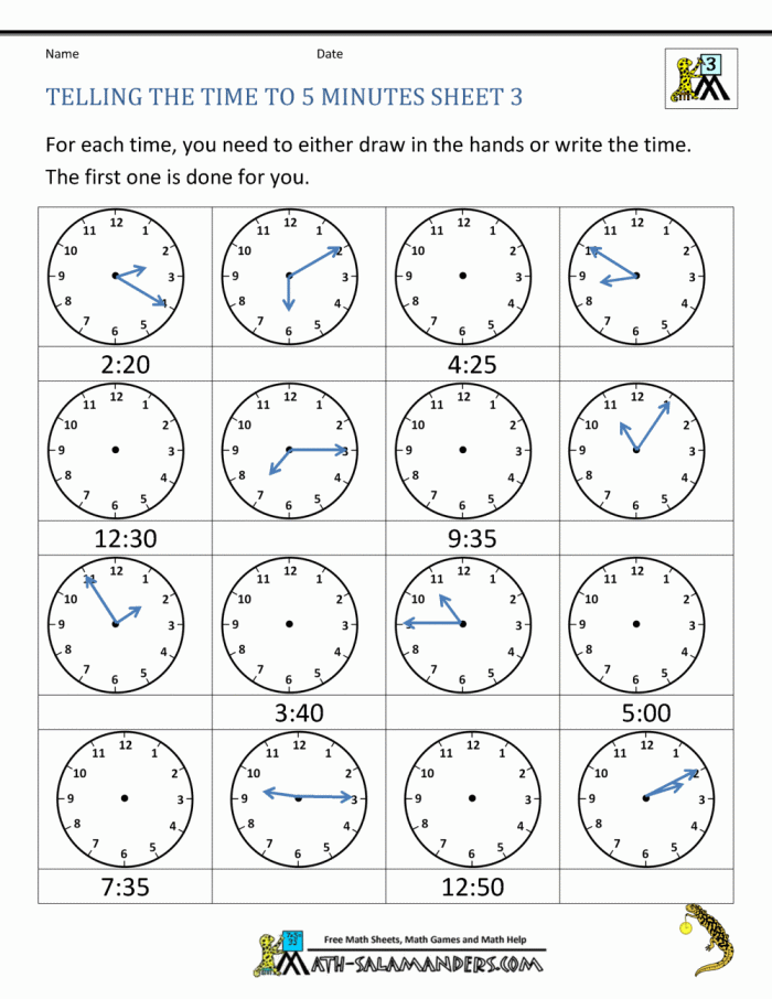 Telling Time Clock Worksheets To  Minutes