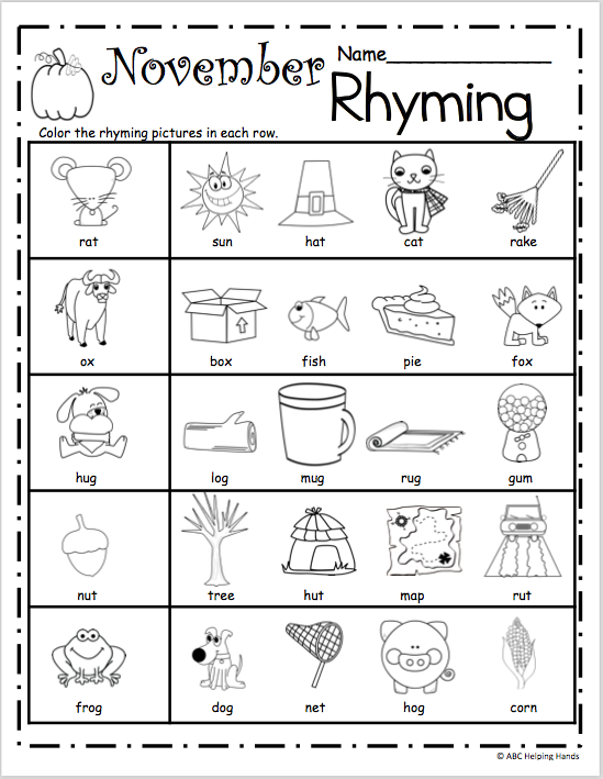 Free November Rhyming Worksheets