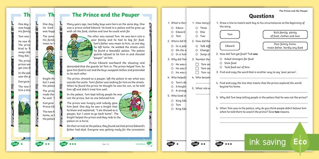 Ks The Prince And The Pauper Differentiated Reading Comprehension