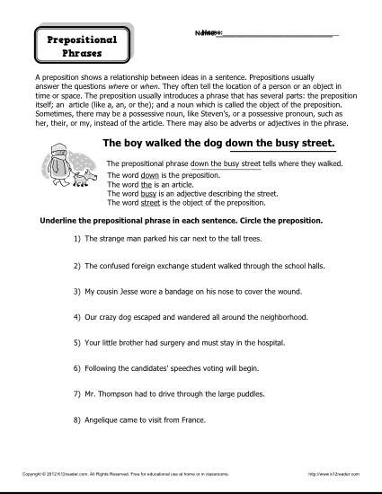 Practice With Prepositional Phrases Worksheets | 99Worksheets