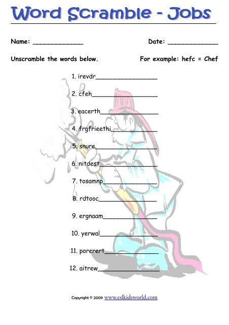 Word Scramble Jobs Worksheet