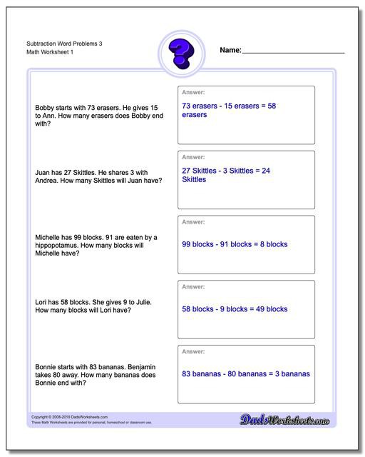 Worksheets For Subtraction Word Problems