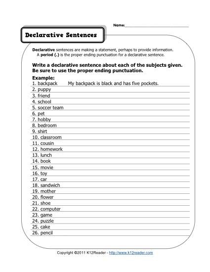 Declarative Sentences Worksheets 99Worksheets