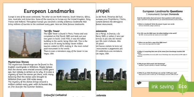 Europe Comprehension Landmarks Worksheet  Worksheet English