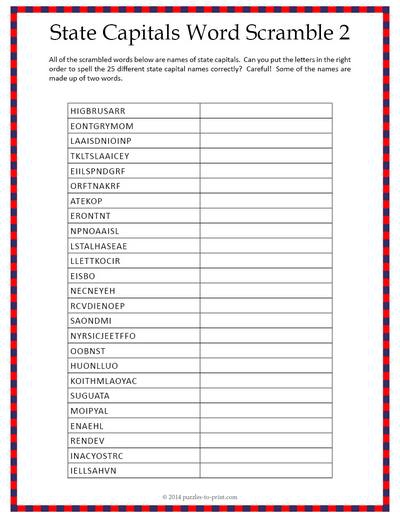 State Capitals Word Scramble