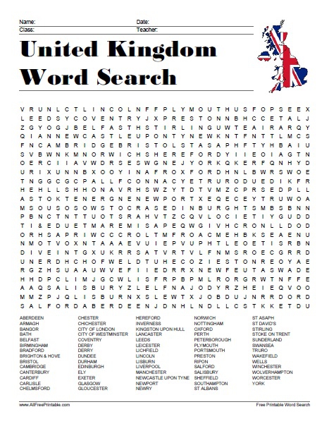 United Kingdom Cities Word Search