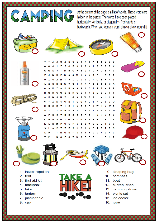 Word Search Camping Worksheets 99Worksheets