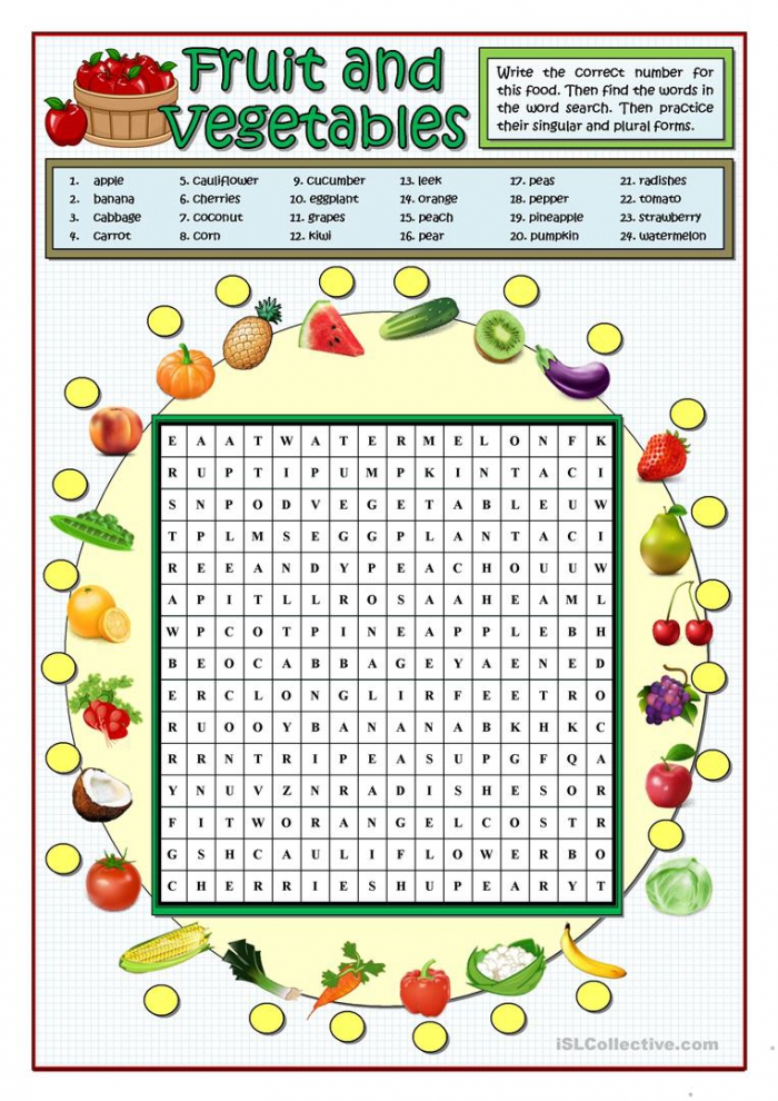 Fruit And Vegetable Word Search Worksheets 99Worksheets