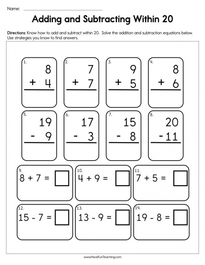 Adding And Subtracting Within  Worksheet In