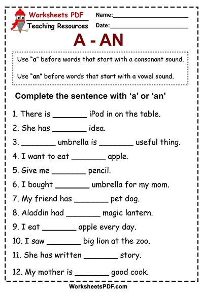 A Or An Worksheets 99Worksheets