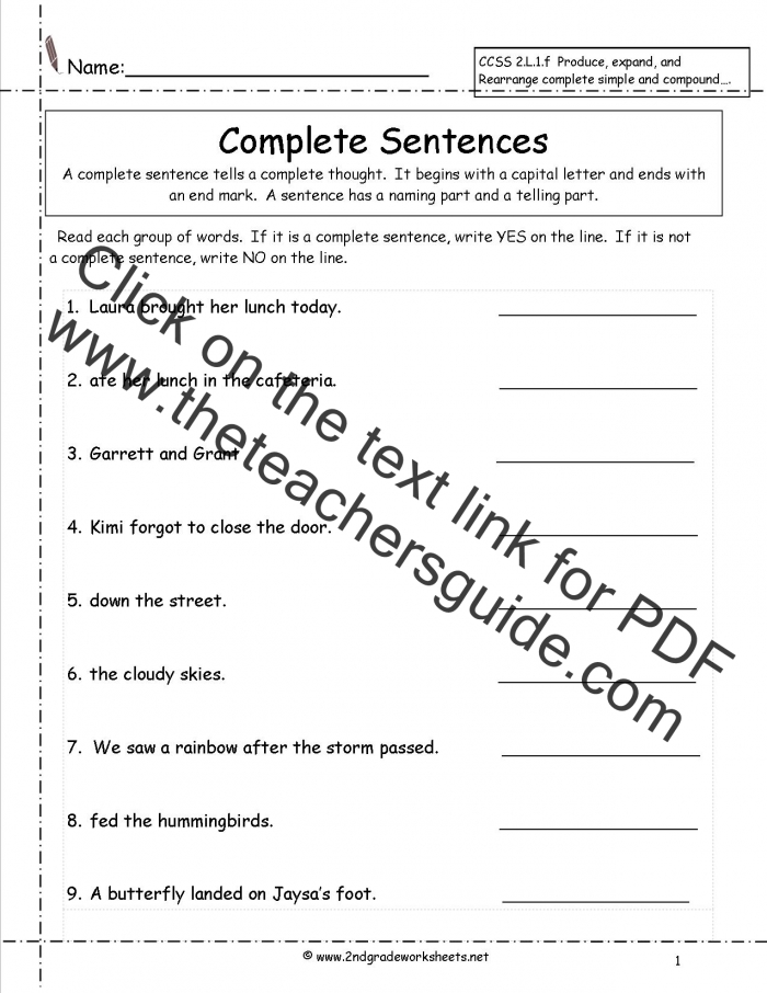 Second Grade Sentences Worksheets  Ccss Lf Worksheets