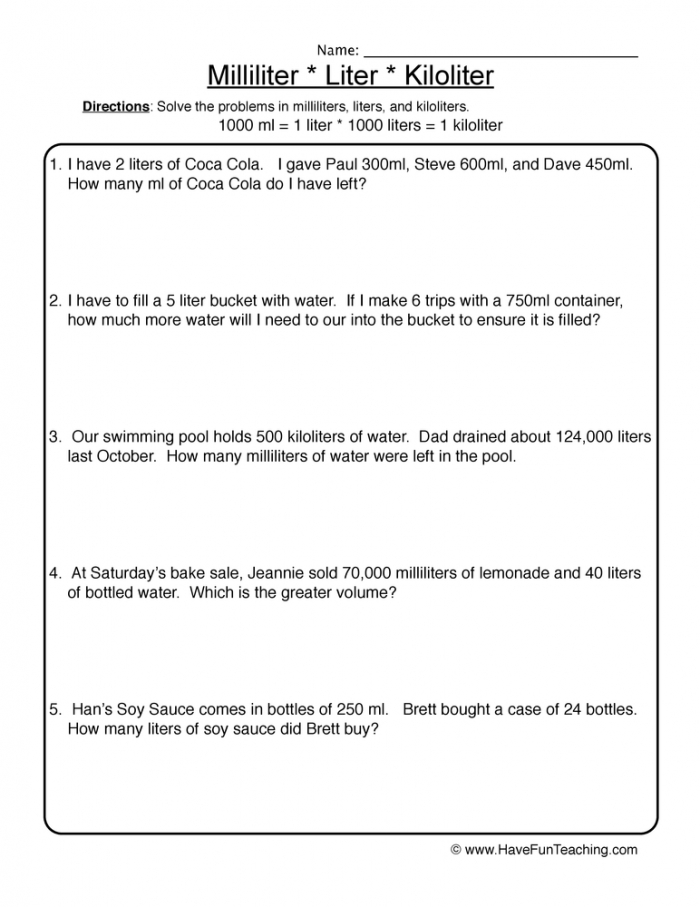 Liquid Measurement Scenarios Worksheet  Have Fun Teaching