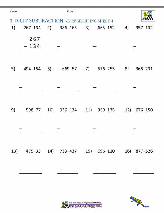 Digit Subtraction Worksheets