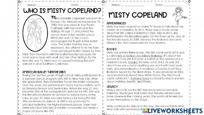 Misty Copeland Worksheet