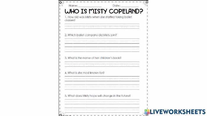 Misty Copeland Worksheet