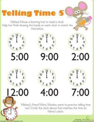 Telling Time With Melissa Mouse Worksheets